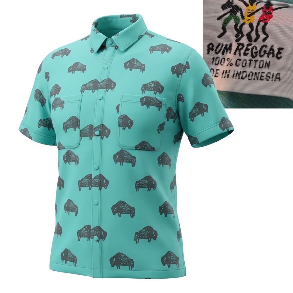 Rum Reggae Button Up Shirt Mens Medium Teal Buffalo Print Short Sleeve Cotton